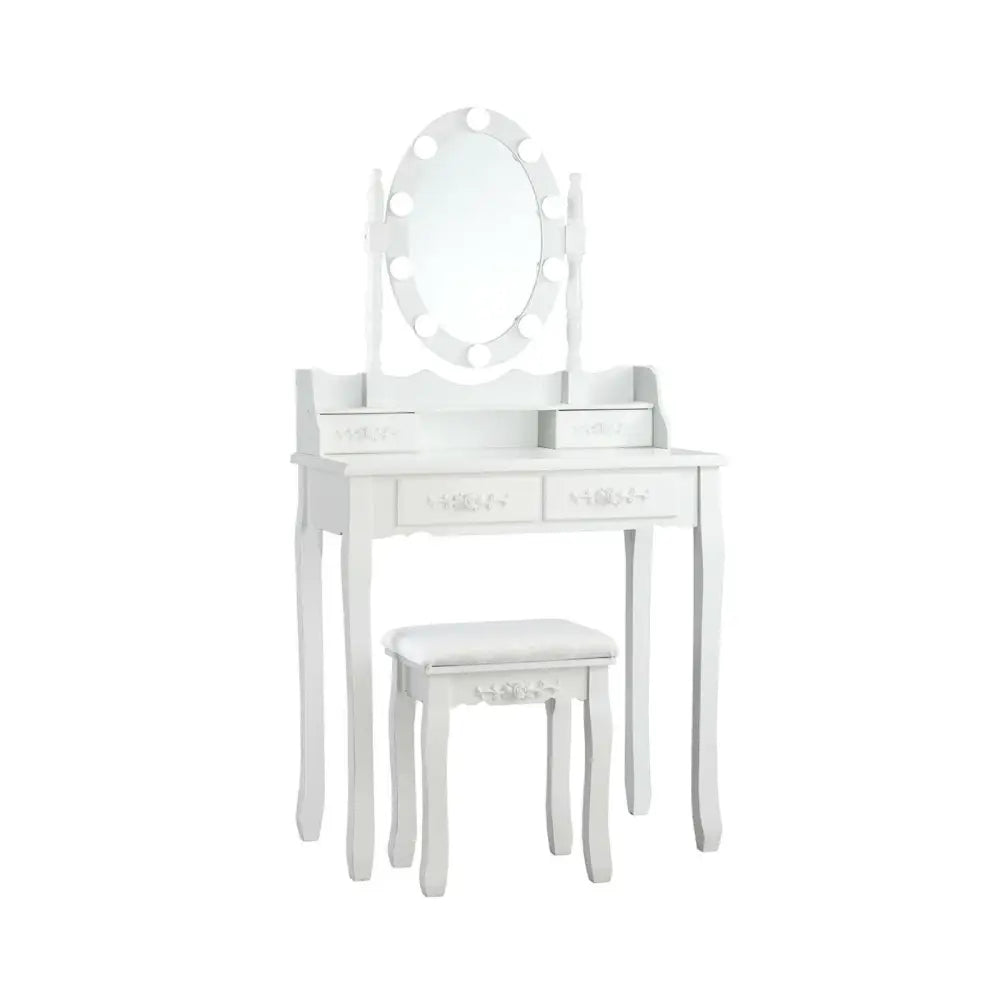 Makeup Dressing Table with Touch Switch Lighted Mirror and Cushioned Stool-White - White - Makeup Vanities