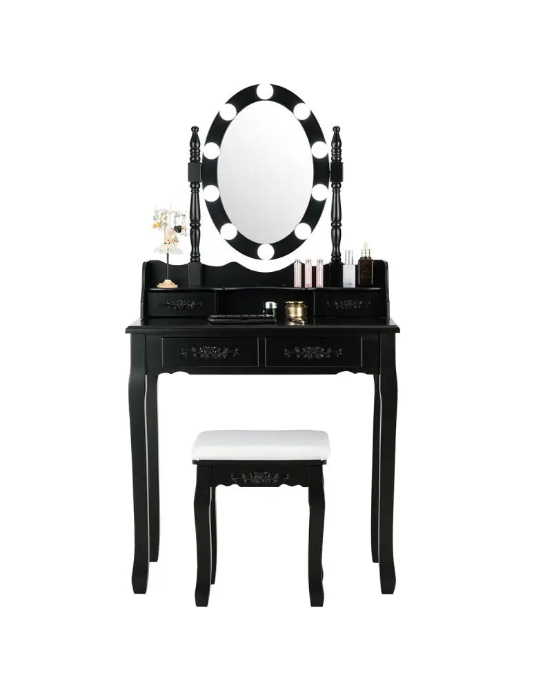 Makeup Dressing Table with Touch Switch Lighted Mirror and Cushioned Stool-Black - Black - Makeup Vanities