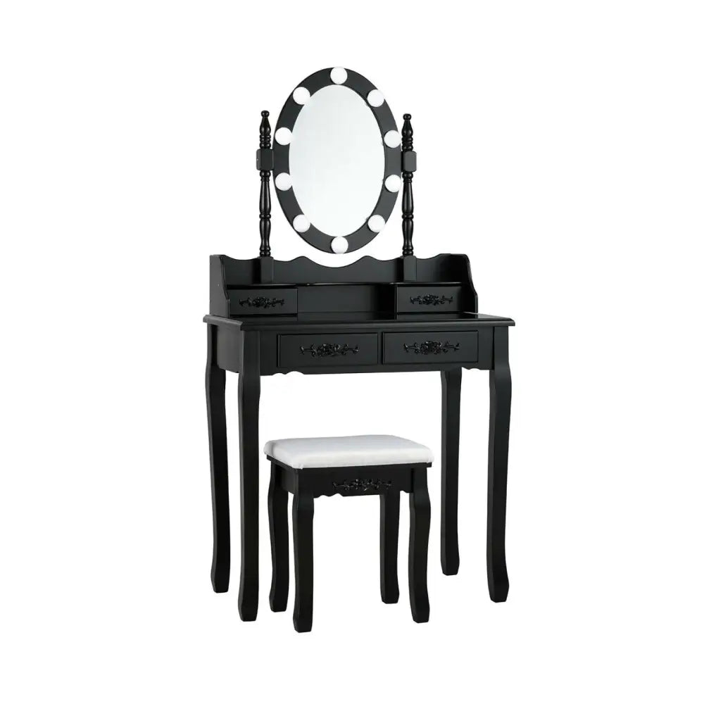 Makeup Dressing Table with Touch Switch Lighted Mirror and Cushioned Stool-Black - Black - Makeup Vanities