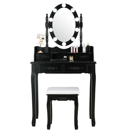 Makeup Dressing Table with Touch Switch Lighted Mirror and Cushioned Stool-Black - Black - Makeup Vanities
