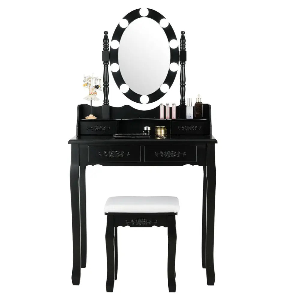 Makeup Dressing Table with Touch Switch Lighted Mirror and Cushioned Stool-Black - Black - Makeup Vanities