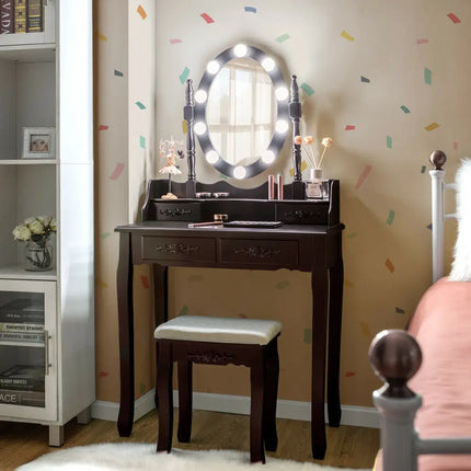 Makeup Dressing Table with Touch Switch Lighted Mirror and Cushioned Stool-Brown - Brown - Makeup Vanities