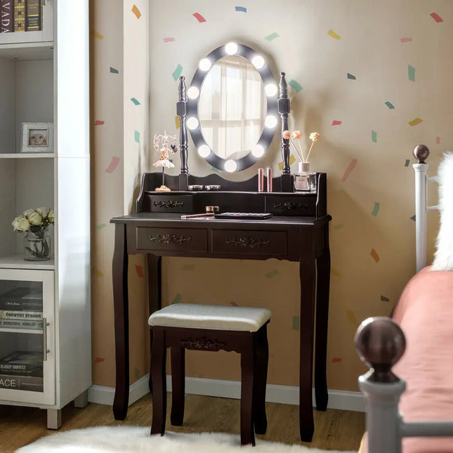Makeup Dressing Table with Touch Switch Lighted Mirror and Cushioned Stool-Brown - Brown - Makeup Vanities