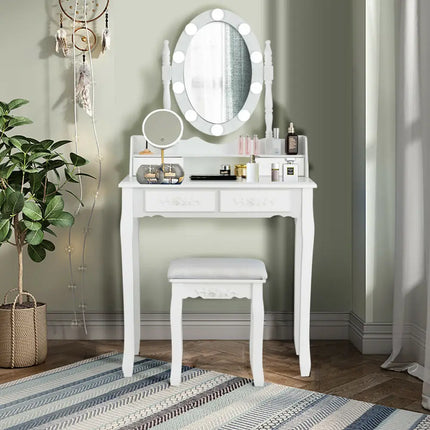 Makeup Dressing Table with Touch Switch Lighted Mirror and Cushioned Stool-White - White - Makeup Vanities