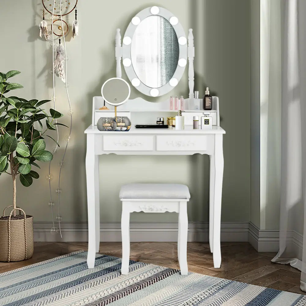 Makeup Dressing Table with Touch Switch Lighted Mirror and Cushioned Stool-White - White - Makeup Vanities