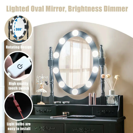 Makeup Dressing Table with Touch Switch Lighted Mirror and Cushioned Stool-Black - Black - Makeup Vanities