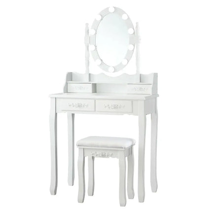 Makeup Dressing Table with Touch Switch Lighted Mirror and Cushioned Stool-White - White - Makeup Vanities