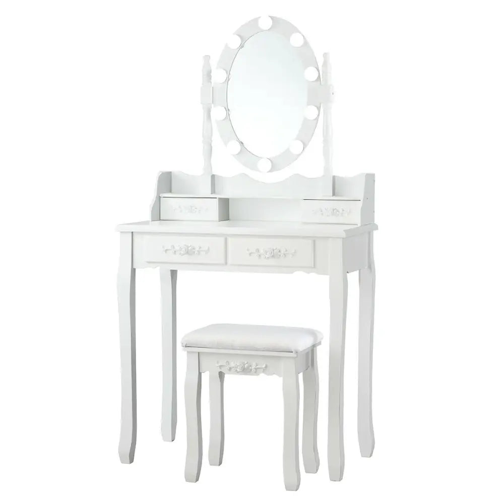 Makeup Dressing Table with Touch Switch Lighted Mirror and Cushioned Stool-White - White - Makeup Vanities