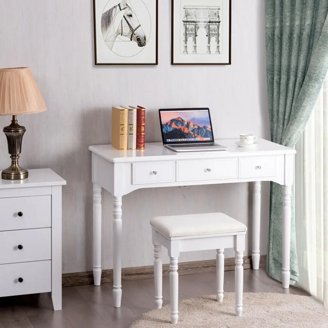 Makeup Dressing Table with Tri-Folding Mirror and Cushioned Stool for Women-White - White - Makeup Vanities
