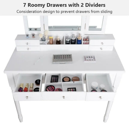 Makeup Dressing Table with Tri-Folding Mirror and Cushioned Stool for Women-White - White - Makeup Vanities