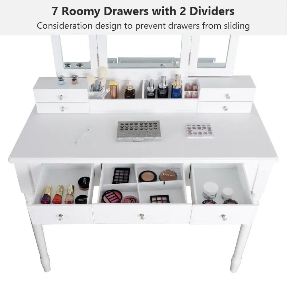 Makeup Dressing Table with Tri-Folding Mirror and Cushioned Stool for Women-White - White - Makeup Vanities