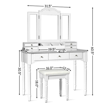 Makeup Dressing Table with Tri-Folding Mirror and Cushioned Stool for Women-White - White - Makeup Vanities