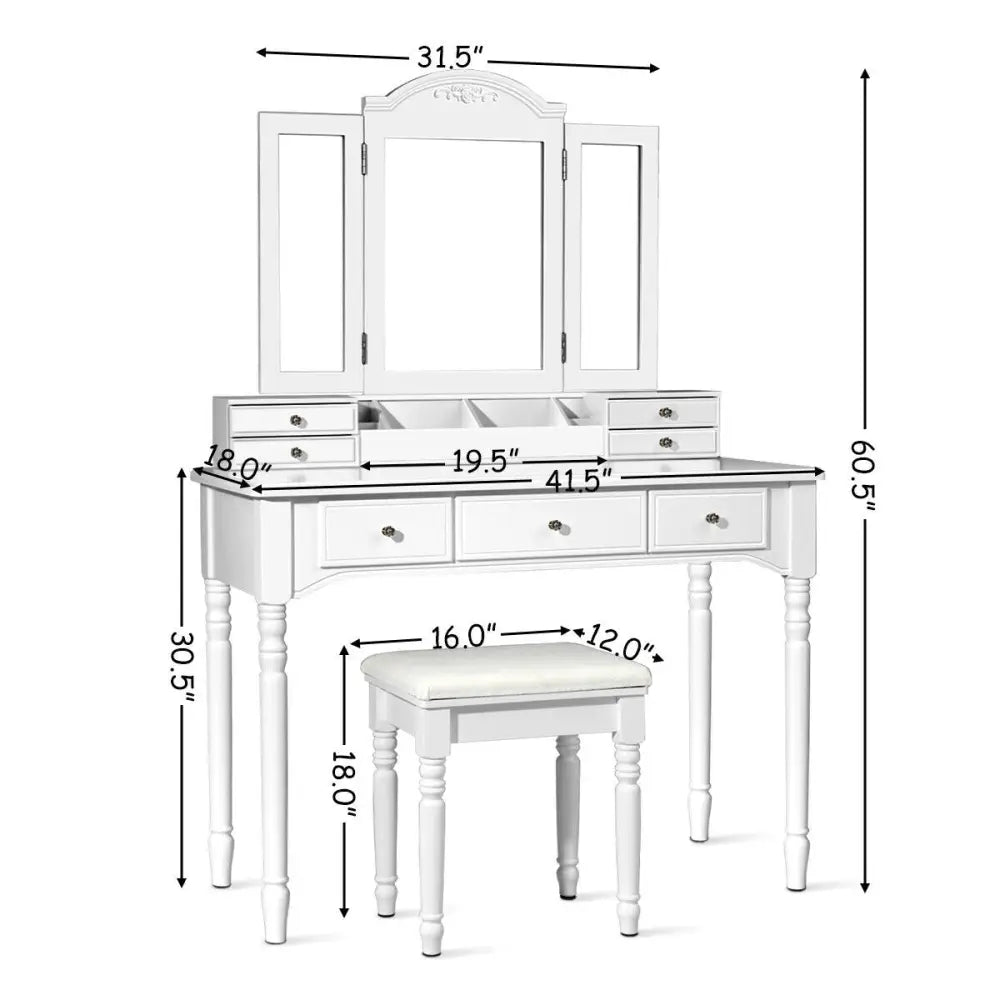 Makeup Dressing Table with Tri-Folding Mirror and Cushioned Stool for Women-White - White - Makeup Vanities