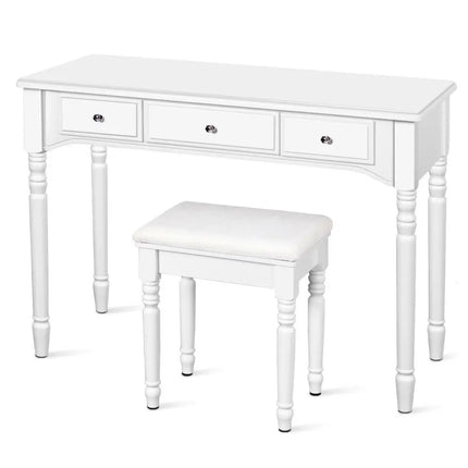 Makeup Dressing Table with Tri-Folding Mirror and Cushioned Stool for Women-White - White - Makeup Vanities