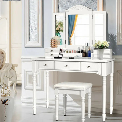 Makeup Dressing Table with Tri-Folding Mirror and Cushioned Stool for Women-White - White - Makeup Vanities