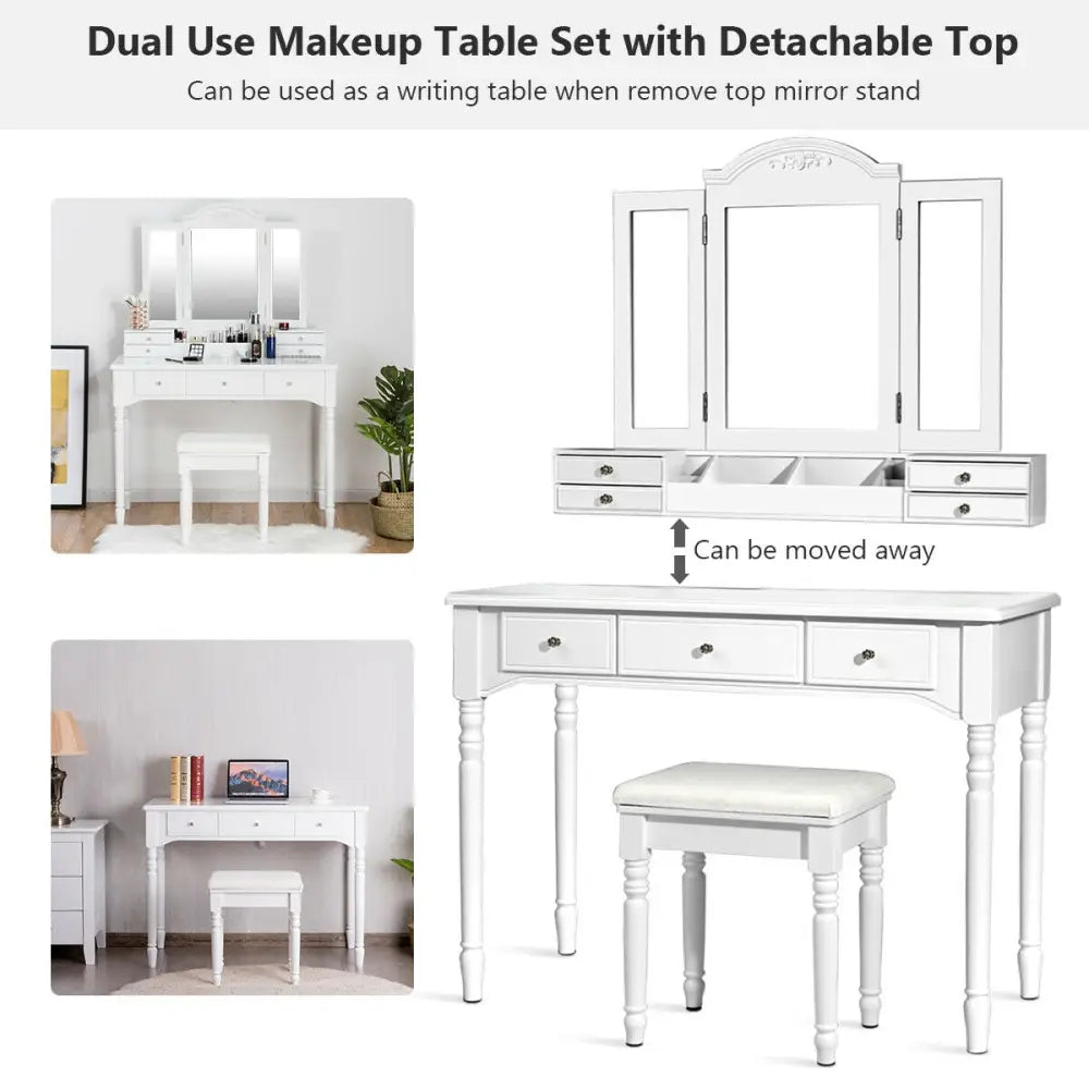Makeup Dressing Table with Tri-Folding Mirror and Cushioned Stool for Women-White - White - Makeup Vanities