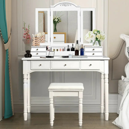 Makeup Dressing Table with Tri-Folding Mirror and Cushioned Stool for Women-White - White - Makeup Vanities