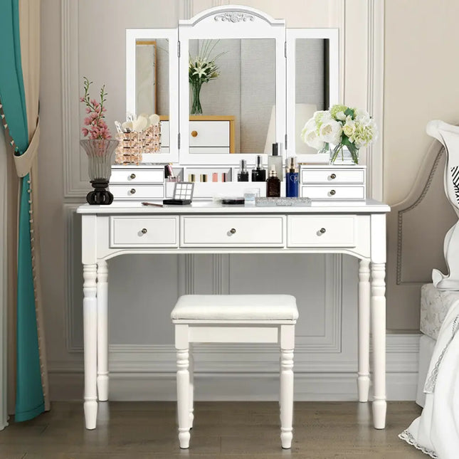 Makeup Dressing Table with Tri-Folding Mirror and Cushioned Stool for Women-White - White - Makeup Vanities
