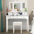 Makeup Dressing Table with Tri-Folding Mirror and Cushioned Stool for Women-White - White - Makeup Vanities