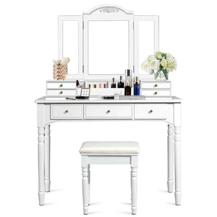 Makeup Dressing Table with Tri-Folding Mirror and Cushioned Stool for Women-White - White - Makeup Vanities