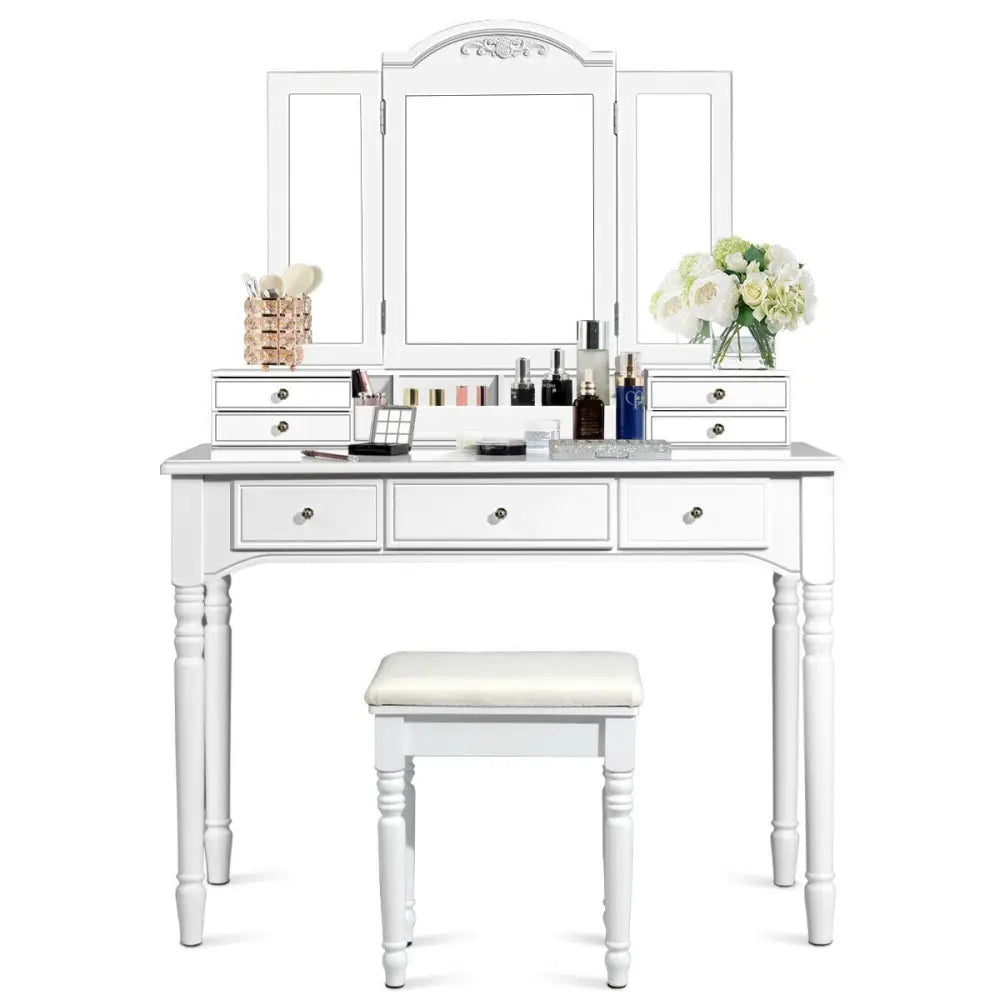 Makeup Dressing Table with Tri-Folding Mirror and Cushioned Stool for Women-White - White - Makeup Vanities