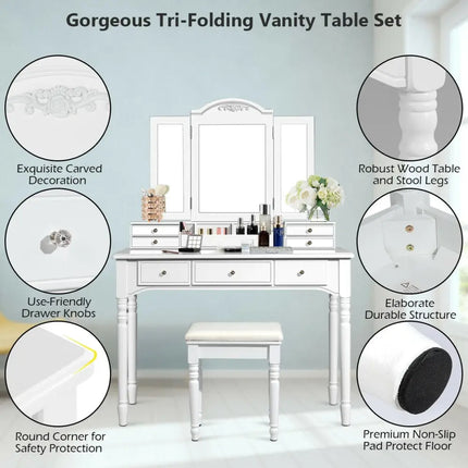 Makeup Dressing Table with Tri-Folding Mirror and Cushioned Stool for Women-White - White - Makeup Vanities