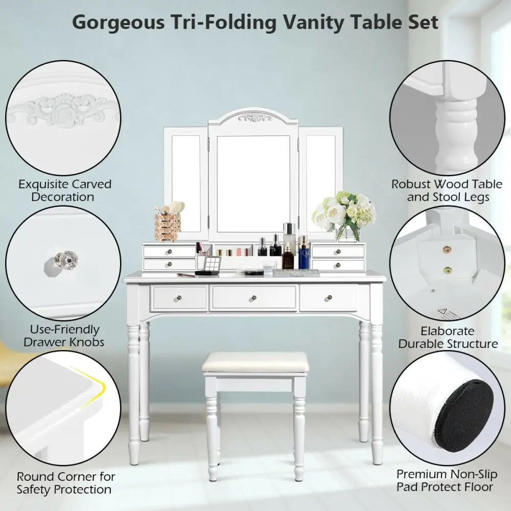 Makeup Dressing Table with Tri-Folding Mirror and Cushioned Stool for Women-White - White - Makeup Vanities