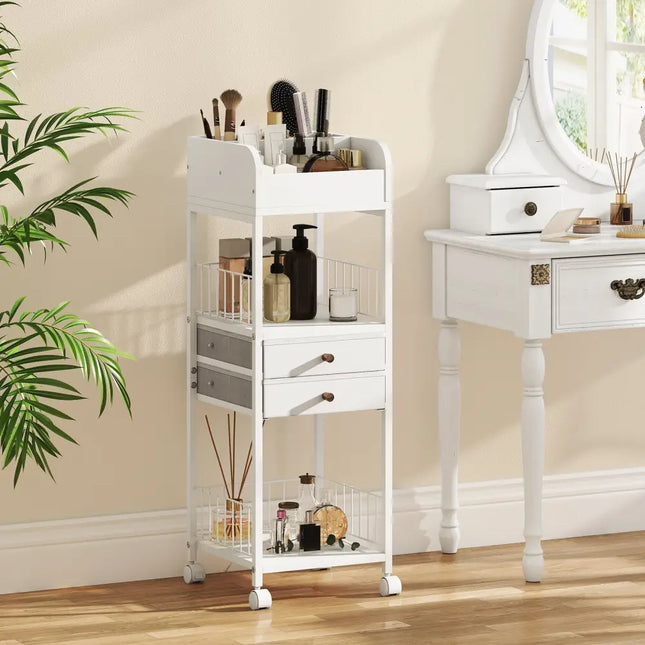 Makeup Organizer Floor Skincare Organizer Cart with Drawers and Storage Shelves-White - White - File Cabinets