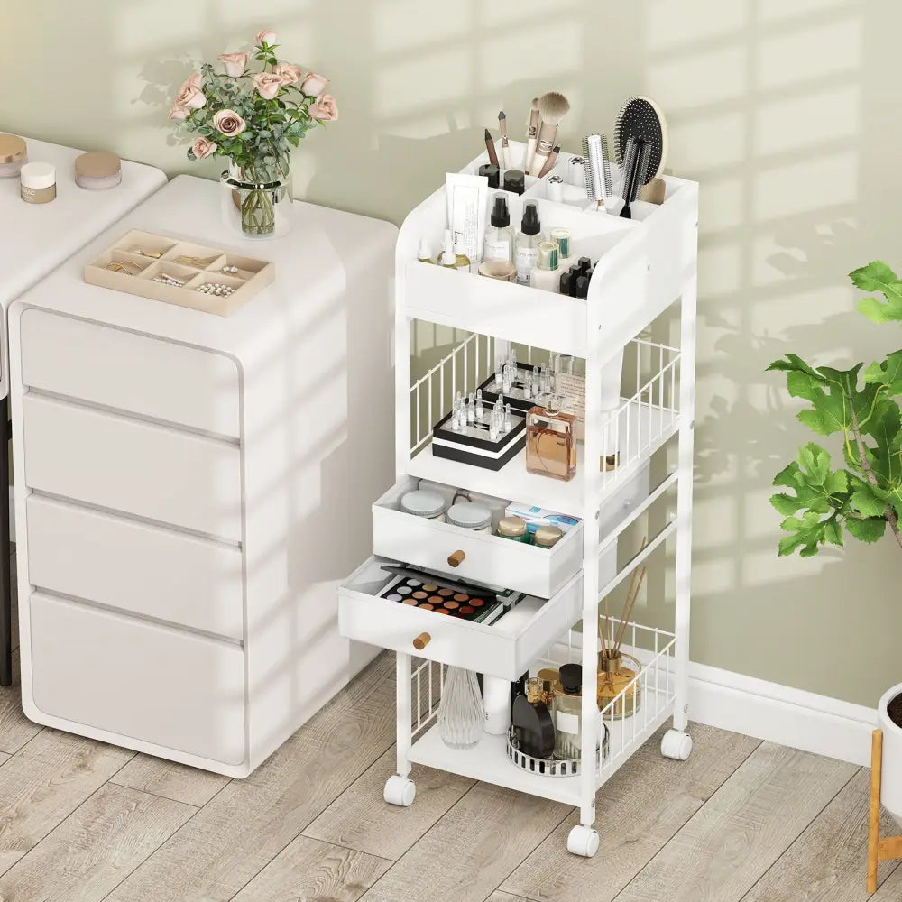 Makeup Organizer Floor Skincare Organizer Cart with Drawers and Storage Shelves-White - White - File Cabinets