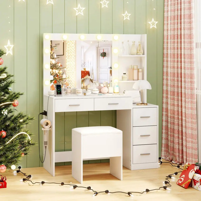 Makeup Table and Stool Set with Hair Dryer Stand-White - White - Makeup Vanities