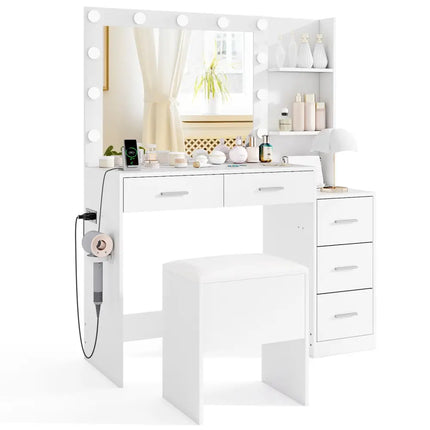 Makeup Table and Stool Set with Hair Dryer Stand-White - White - Makeup Vanities