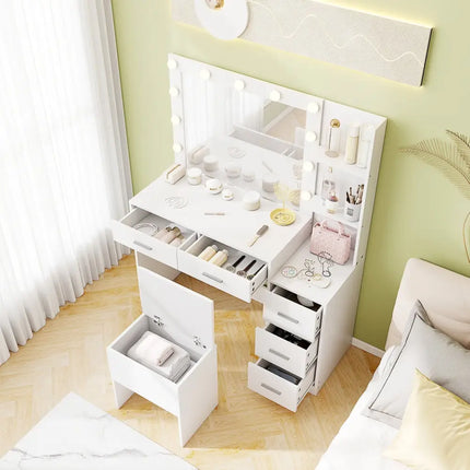 Makeup Table and Stool Set with Hair Dryer Stand-White - White - Makeup Vanities