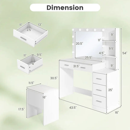 Makeup Table and Stool Set with Hair Dryer Stand-White - White - Makeup Vanities