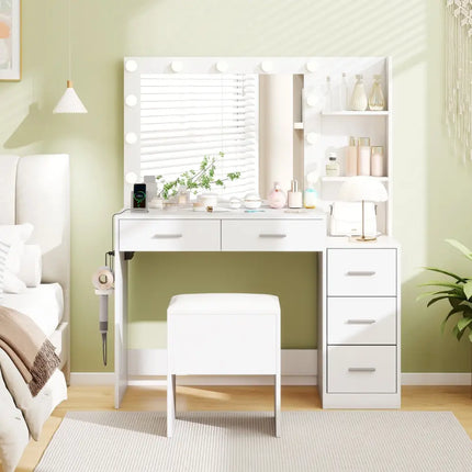 Makeup Table and Stool Set with Hair Dryer Stand-White - White - Makeup Vanities