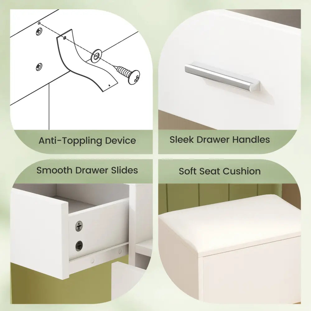 Makeup Table and Stool Set with Hair Dryer Stand-White - White - Makeup Vanities