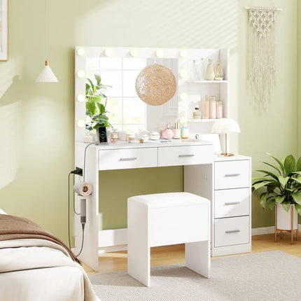Makeup Table and Stool Set with Hair Dryer Stand-White - White - Makeup Vanities