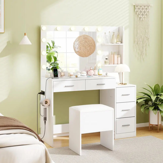 Makeup Table and Stool Set with Hair Dryer Stand-White - White - Makeup Vanities