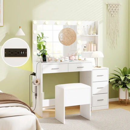 Makeup Table and Stool Set with Hair Dryer Stand-White - White - Makeup Vanities