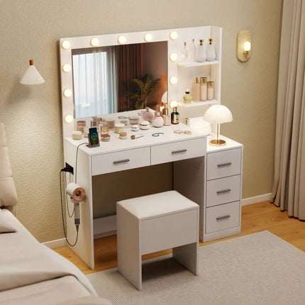 Makeup Table and Stool Set with Hair Dryer Stand-White - White - Makeup Vanities