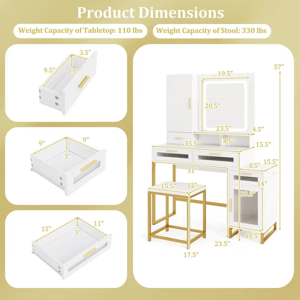 Makeup Vanity Desk Dressing Table and Stool Set with Lighted Mirror-White - White - Makeup Vanities