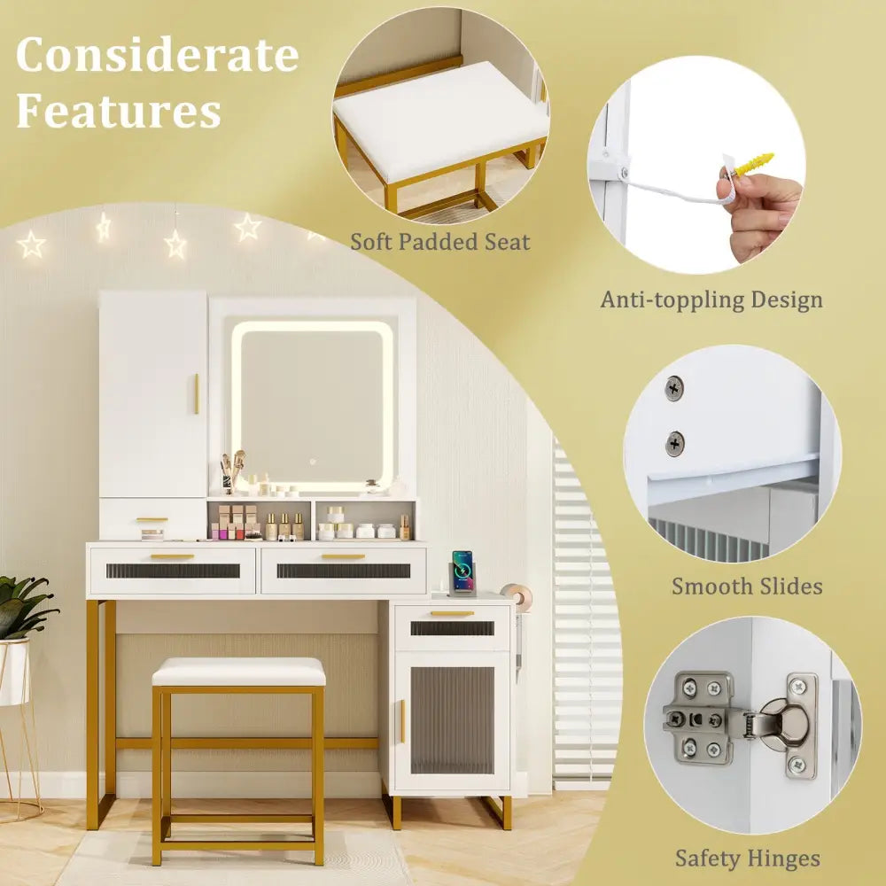 Makeup Vanity Desk Dressing Table and Stool Set with Lighted Mirror-White - White - Makeup Vanities