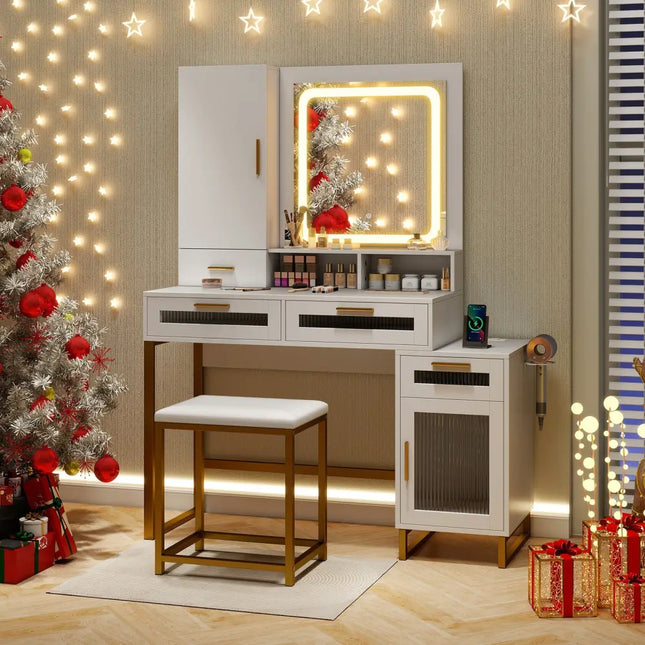 Makeup Vanity Desk Dressing Table and Stool Set with Lighted Mirror-White - White - Makeup Vanities