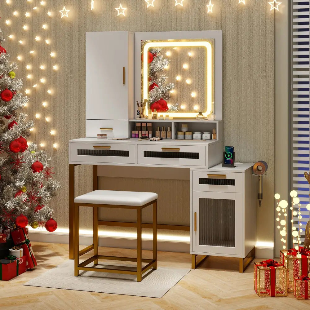 Makeup Vanity Desk Dressing Table and Stool Set with Lighted Mirror-White - White - Makeup Vanities