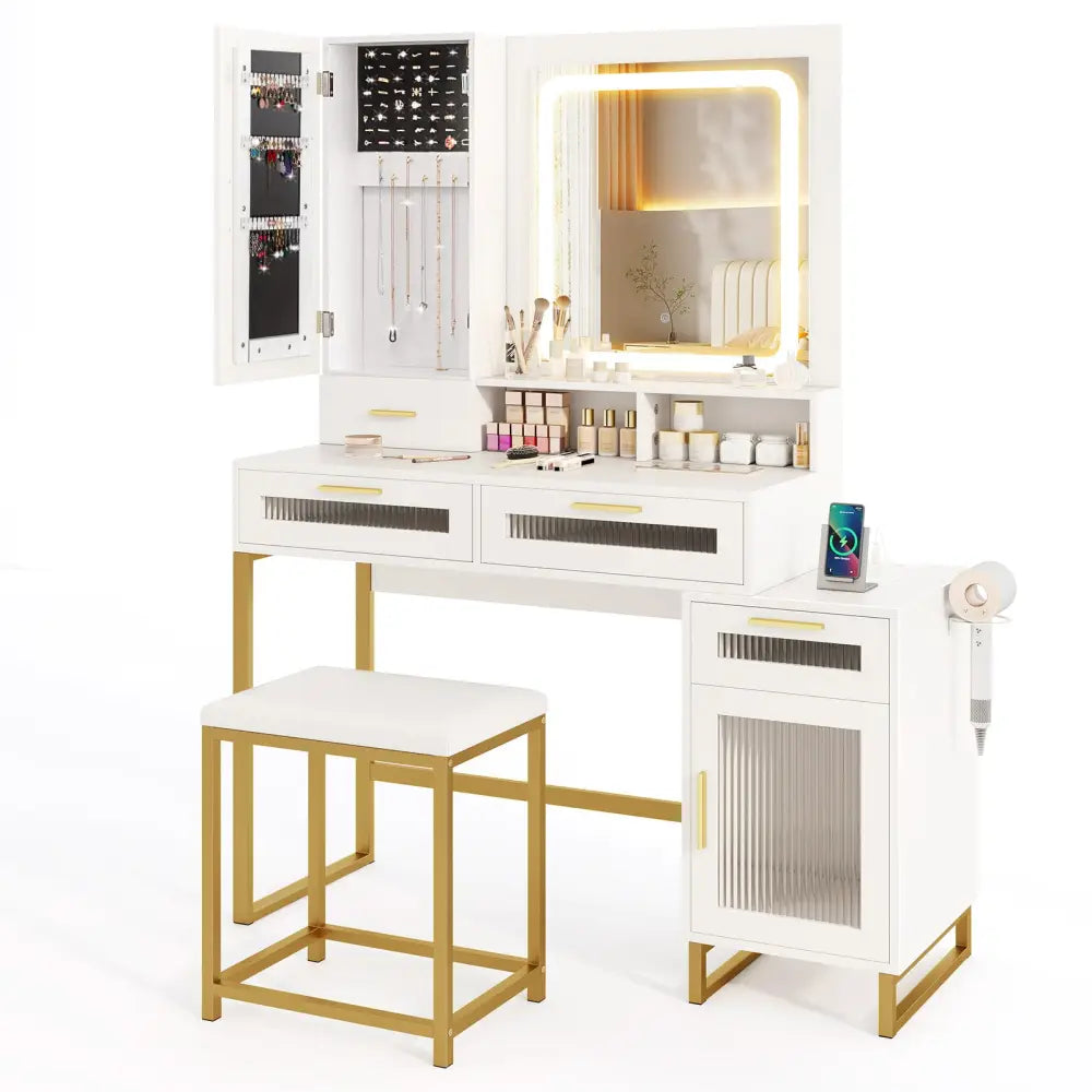 Makeup Vanity Desk Dressing Table and Stool Set with Lighted Mirror-White - White - Makeup Vanities