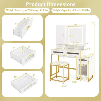Makeup Vanity Desk Dressing Table and Stool Set with Lighted Mirror-White - White - Makeup Vanities