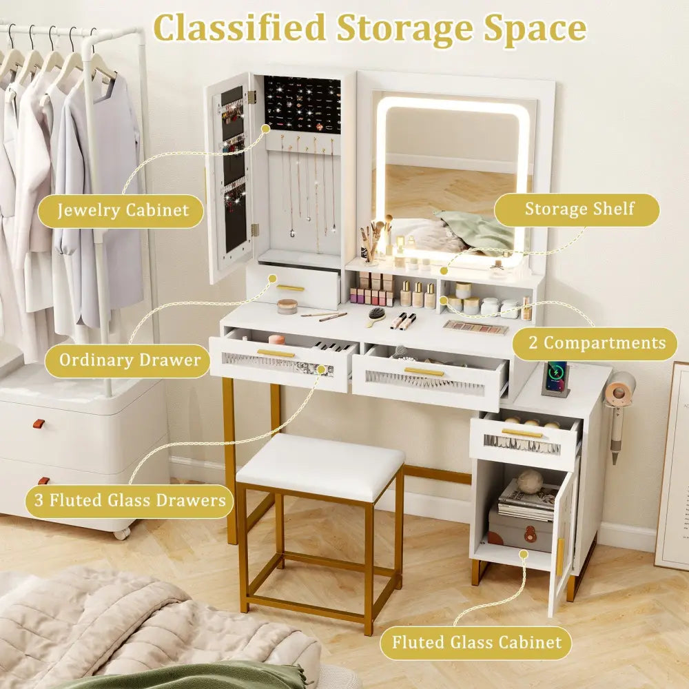 Makeup Vanity Desk Dressing Table and Stool Set with Lighted Mirror-White - White - Makeup Vanities