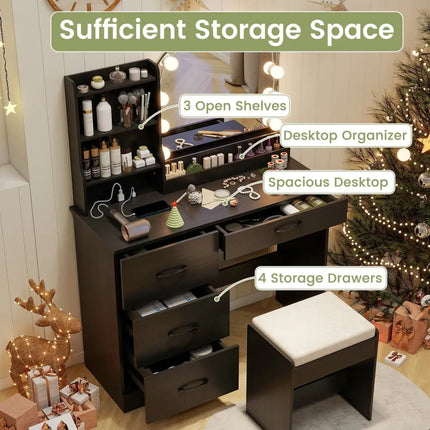 Makeup Vanity Desk Dressing Table and Stool Set with Mirror and Lights-Black - Black - Makeup Vanities