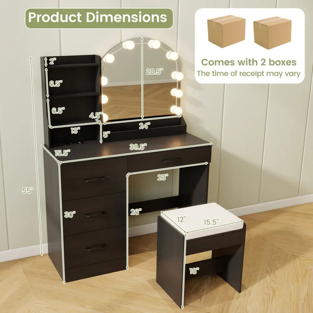 Makeup Vanity Desk Dressing Table and Stool Set with Mirror and Lights-Black - Black - Makeup Vanities