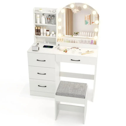 Makeup Vanity Desk Dressing Table and Stool Set with Mirror and Lights-White - White - Makeup Vanities