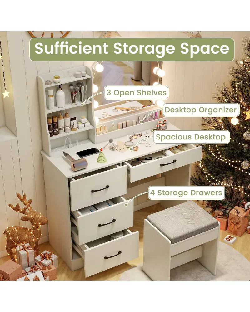 Makeup Vanity Desk Dressing Table and Stool Set with Mirror and Lights-White - White - Makeup Vanities